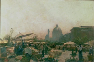 Un mercado con la Iglesia de San Carlos en la distancia, Viena, c.1894